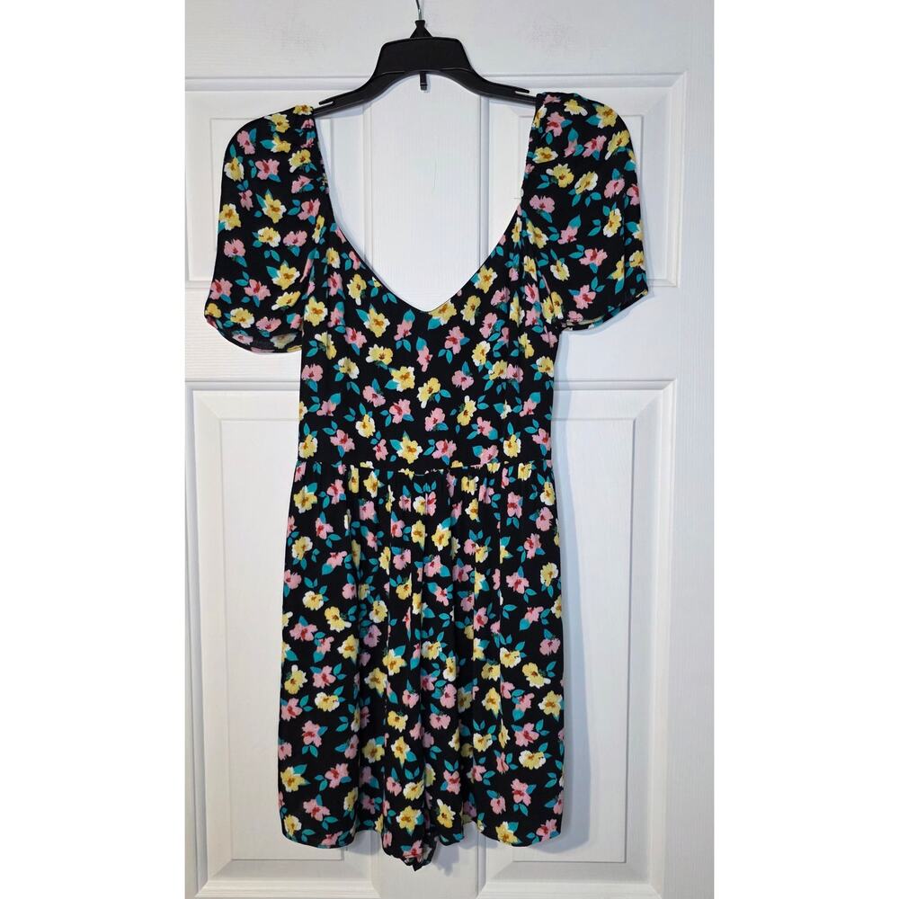 Zara Black Floral Romper Pockets Smocked Back Women's M